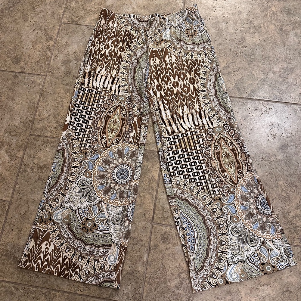 Chico's Size 2 NWT Boho Paisley Palazzo Pants Brown Cream Spanish Mosaics